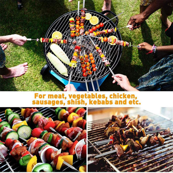 100 Metal BBQ Flat Skewers Stainless Steel Barbecue Grill Kebab Stick NeedleTool