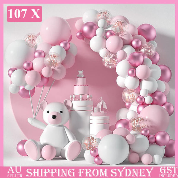 107Pcs Pink White Confetti Balloon Garland Arch Kit Birthday Wedding Party Decor