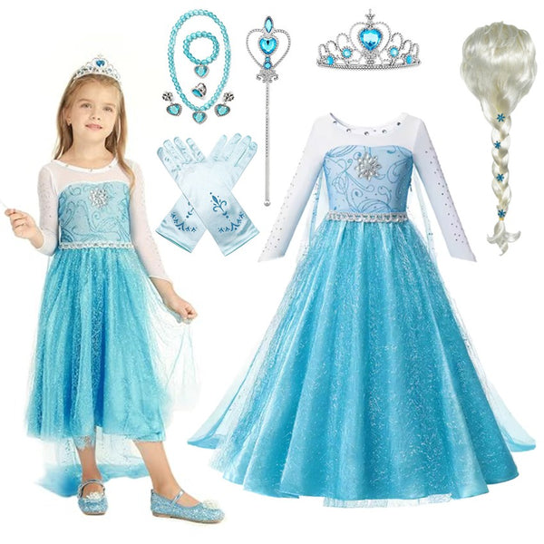 Kids Ice Princess Dress Costume Girls Fairy Tale Ball Gown Wig Book Week Party