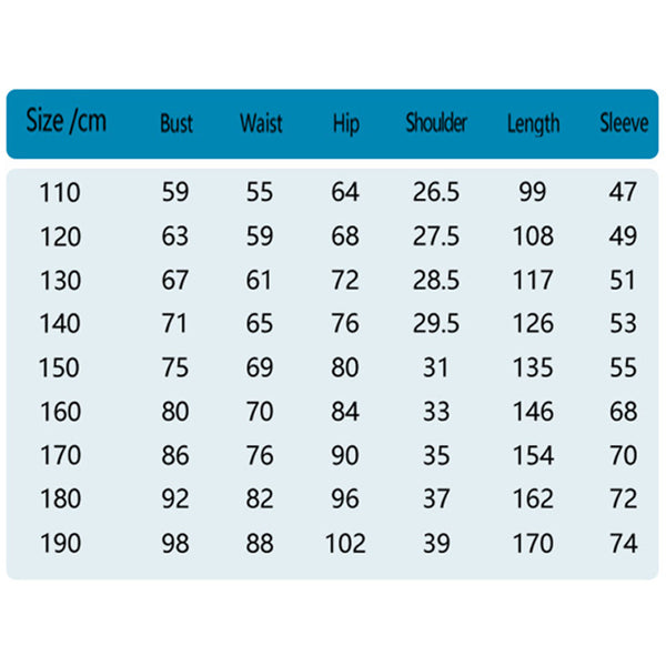 Labubu costume kids size chart in cm – jumpsuit measurements