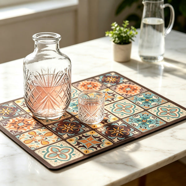 Dish Drying Mat with Glass Pitcher & Cup Set – Decorative Kitchen Draining Mat