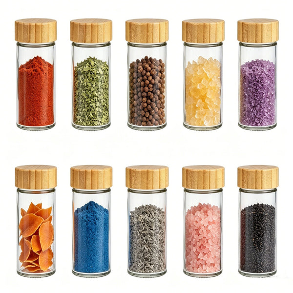 Glass Spice Jars 24 Pack – Airtight Bamboo Lid Spice Jar Set with Labels & Funnel