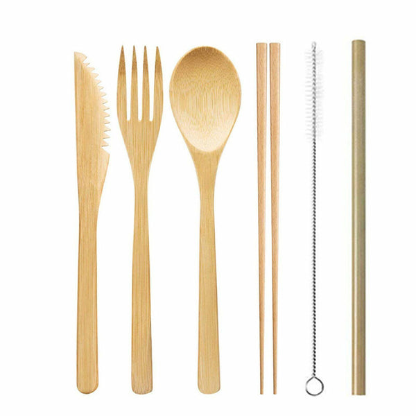 7PCS Reusable Bamboo Cutlery Set Eco Friendly Camping Travel Fork Kit Portable A
