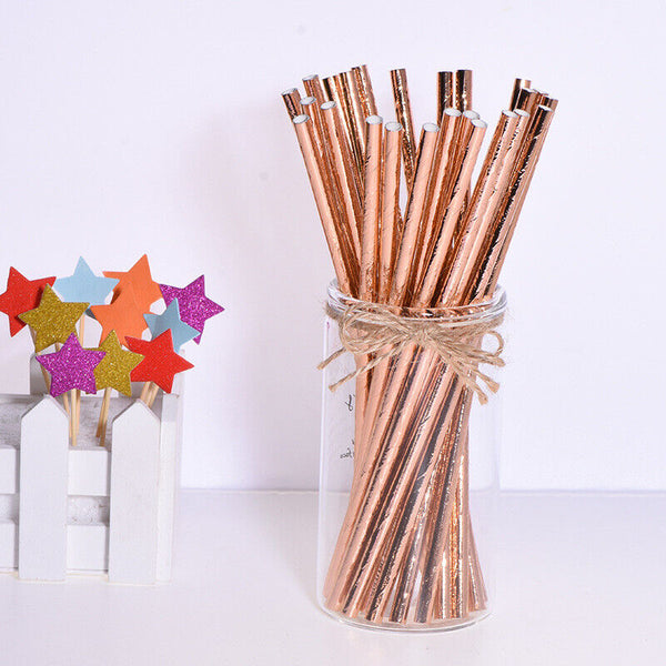 50pcs Foil Paper Straws Metallic Wedding Birthday Party Tableware Biodegradable