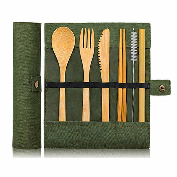 7PCS Reusable Bamboo Cutlery Set Eco Friendly Camping Travel Fork Kit Portable A