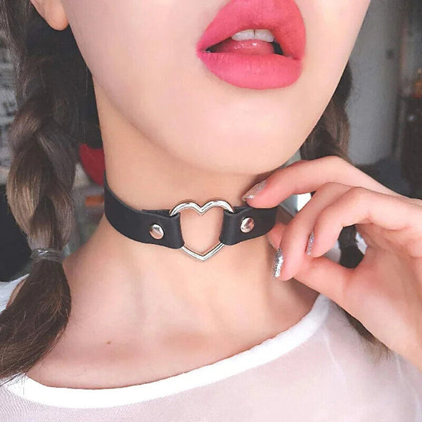 5x Punk Gothic Leather Love Heart Choker Collar Buckle Necklace Teens Stunning