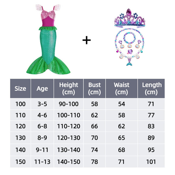 Ariel mermaid dress with crown and jewellery and size chart