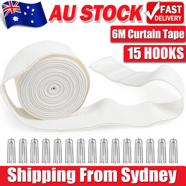 6M Multifunction Curtain Heading Pleat Tape for Home Sewing Curtain +15 x Hooks