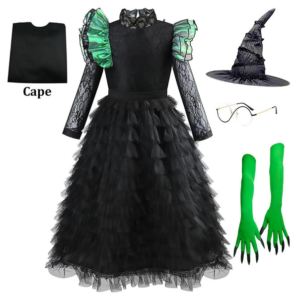 Kids Wicked Elphaba witch costume dress and cape full look - Lets Party