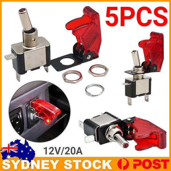 5pcs On/Off Toggle Switch RED LED Light w/ Missile Cover Heavy Duty SPST 12V/20A