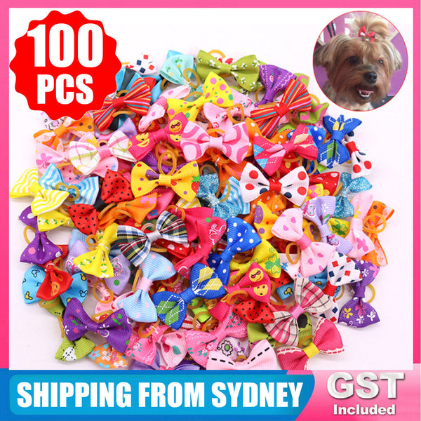 100PCS Pet Small Dog Hair Bows Rubber Bands Puppy Cat Grooming Accessory Set AU
