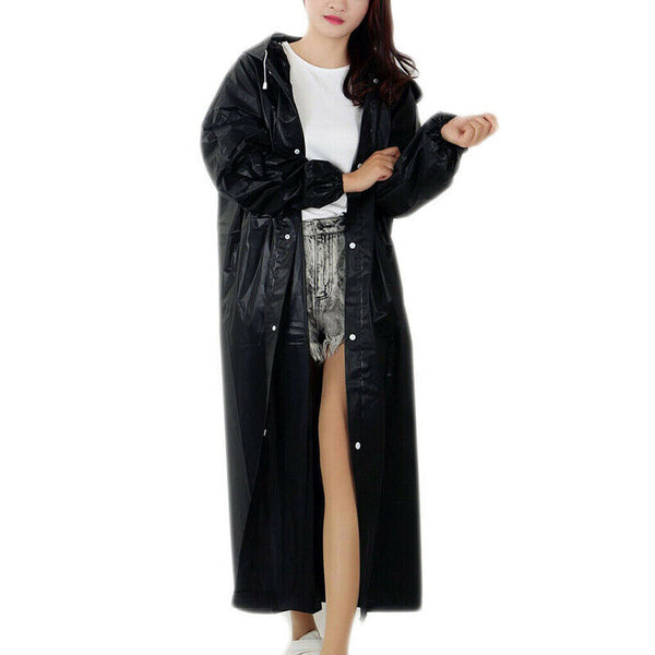 Waterproof EVA Raincoat Long Hooded Rain Jacket Unisex Outdoor Rainwear Black
