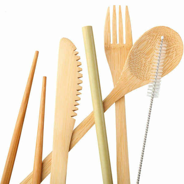 7PCS Reusable Bamboo Cutlery Set Eco Friendly Camping Travel Fork Kit Portable A
