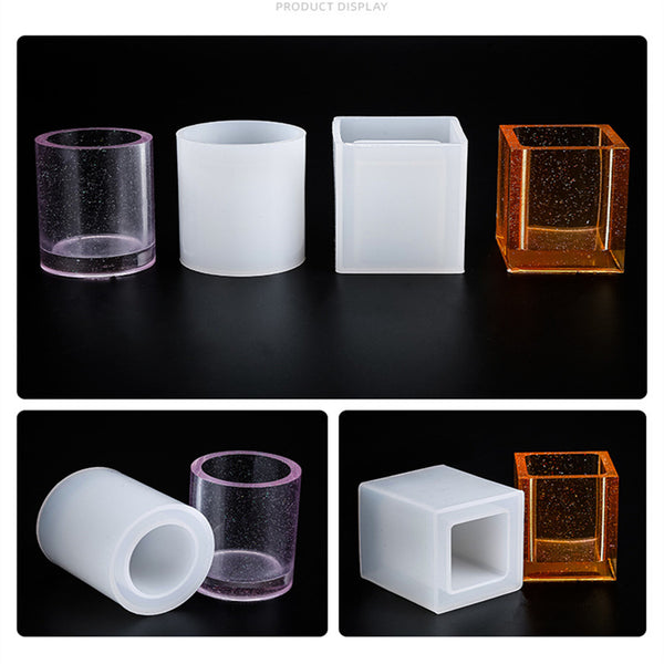 2PCS Silicone Resin Mould Set Round & Square Pen Holder Brush Pot Flower Pot Mold