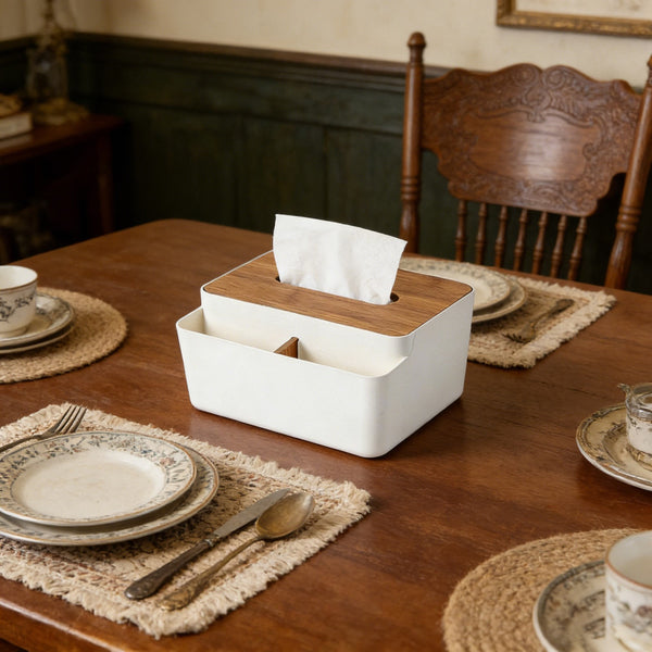Wooden Tissue Box Cover – White Napkin Storage Holder for Bathroom, Bedroom, Office and Home