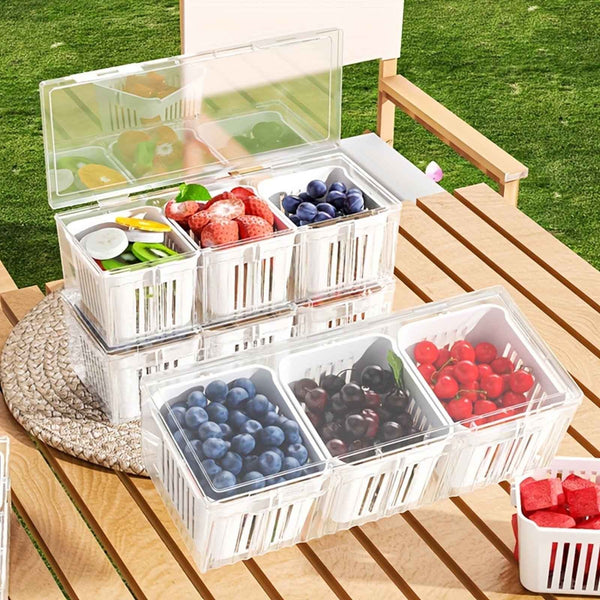 2 sets of reusable food storage containers with LIDS including 3 square draining