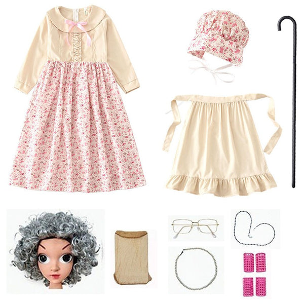 Grandma old lady costume full accessory set flat lay with wig, glasses and cane - Lets Party
