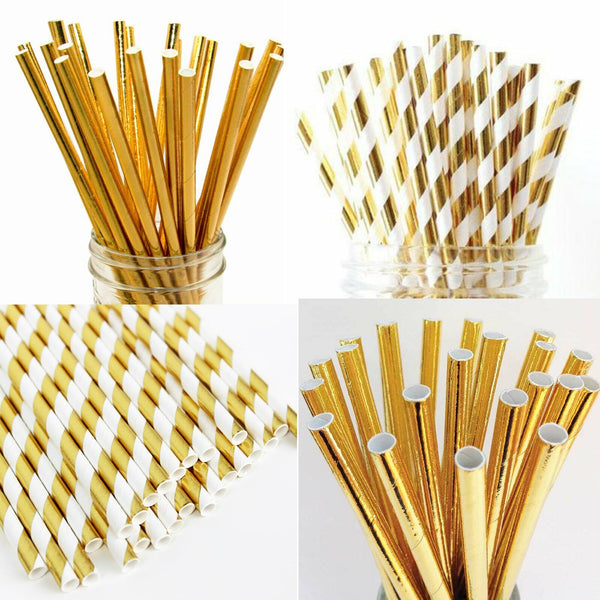 50pcs Foil Paper Straws Metallic Wedding Birthday Party Tableware Biodegradable