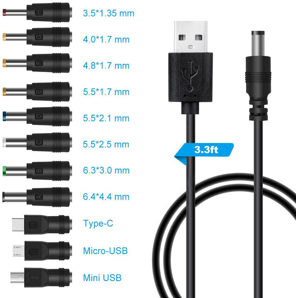 20Tips Universal USB to DC Power Adapter Cable Charger 5.5 mm/2.1 mm Barrel Jack
