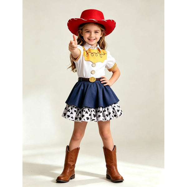 Girl posing in the Jessie cowgirl costume with boots