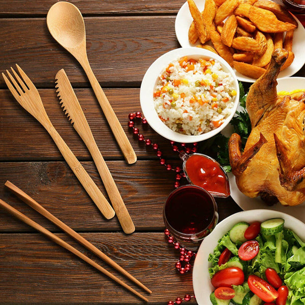 7PCS Reusable Bamboo Cutlery Set Eco Friendly Camping Travel Fork Kit Portable A