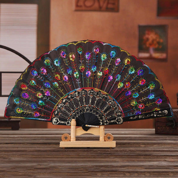Peacock Hand Fan Sequin for Dance Pattern Wedding Embroidered Folding Party