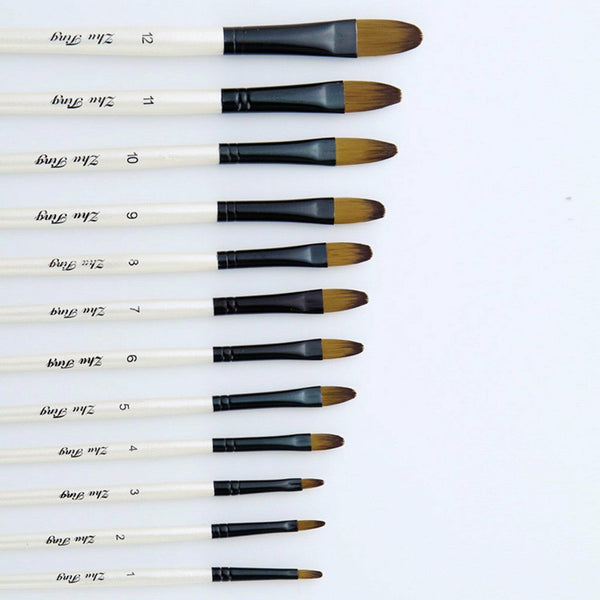 12Pcs Art Paint Brush Set Taklon Bristle Watercolor Acrylic Oil Painting Brush