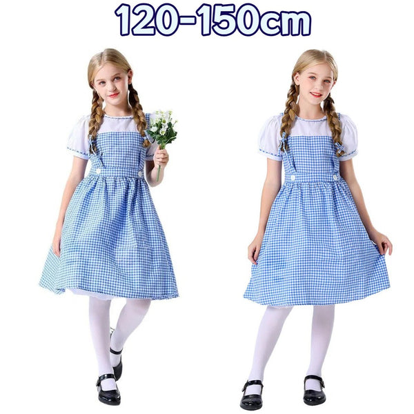 Two girls wearing the blue gingham Dorothy costume with white blouse and braids