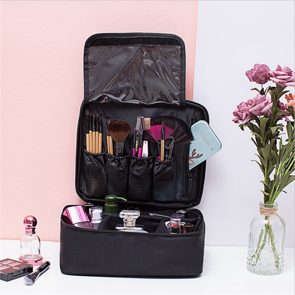 Professional Makeup Bag Travel Cosmetic Organizer Case with Brush Storage and Zipper Compartments