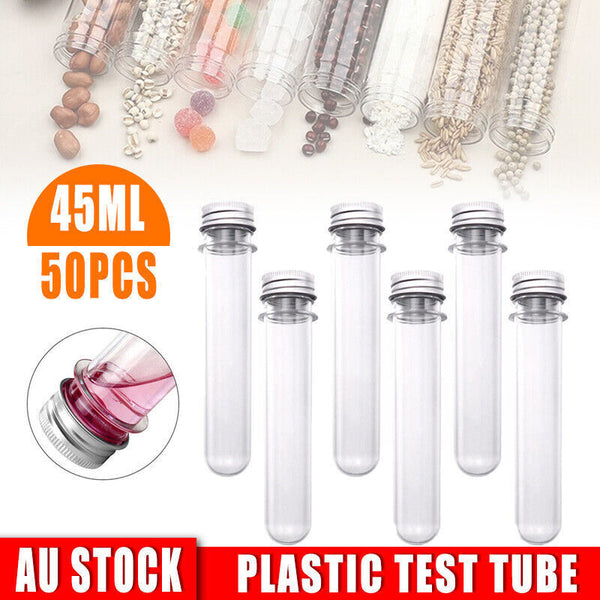 50PCS 45ML Plastic Lab Test Tubes Metal Cap Screw Lid Round Bottom Wedding Party