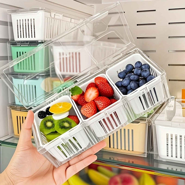 2 sets of reusable food storage containers with LIDS including 3 square draining