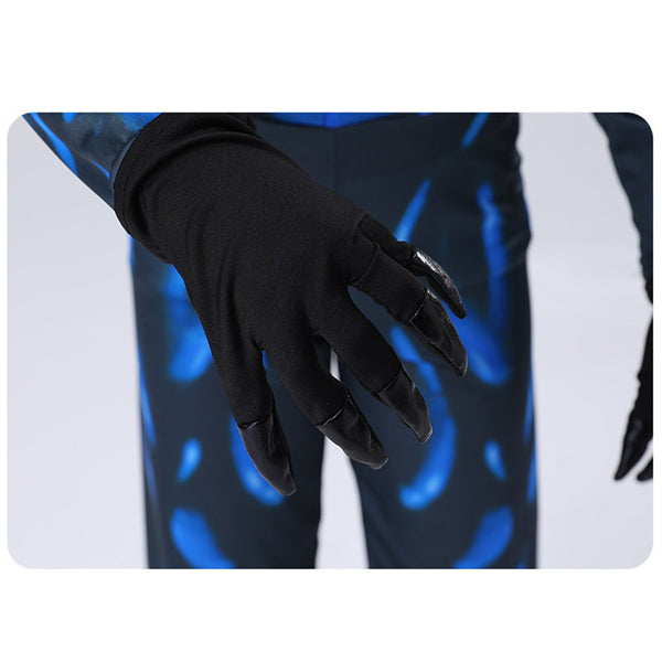 Close up of Venom costume leg showing blue and black web pattern