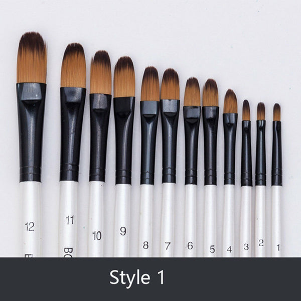 12Pcs Art Paint Brush Set Taklon Bristle Watercolor Acrylic Oil Painting Brush