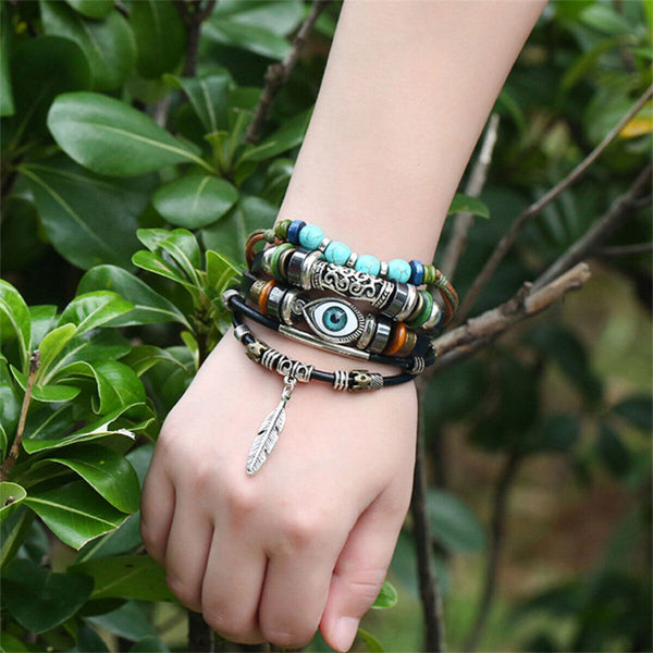 Turquoise Woven Leather Multi Layered Beaded Bracelet with Wood Beads for Women