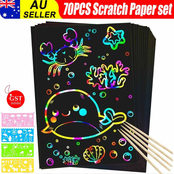 70 PCS Scratch Paper Art Rainbow Magic Scratch Off Art Crafts Set Supply Drawing