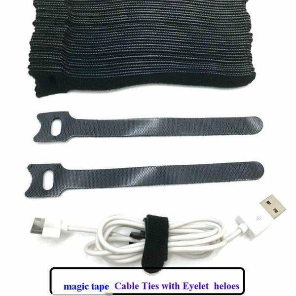 200PCS Magic Cable Ties Reusable Hook and Loop Cable Ties Organiser Cords Black