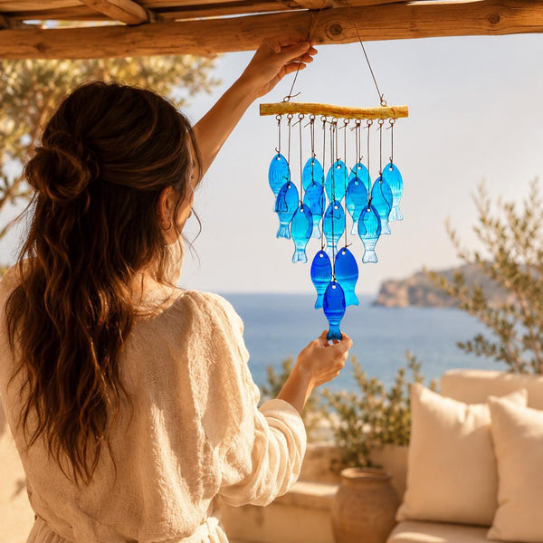 Blue Glass Fish Wind Chime Suncatcher Hanging Garden Patio Outdoor Decor 57CM