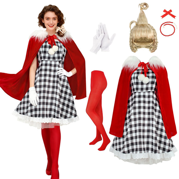 Cindy Lou Who costume with gingham dress and red fur trim cape for Book Week