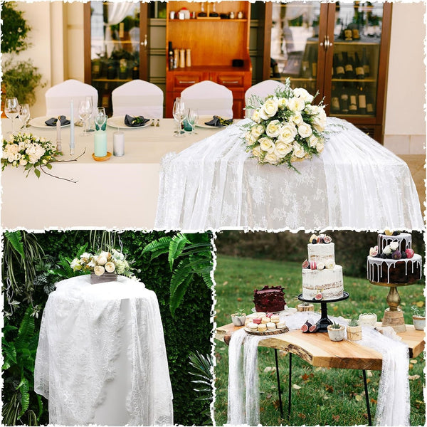 2PCS White Embroidered Lace Tablecloth Rectangle Vintage Floral Table Cover 150x305CM