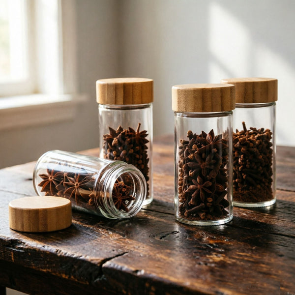 Glass Spice Jars 24 Pack – Airtight Bamboo Lid Spice Jar Set with Labels & Funnel
