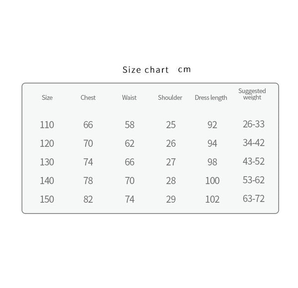 Old lady costume size chart - kids sizes 110-150cm - Lets Party