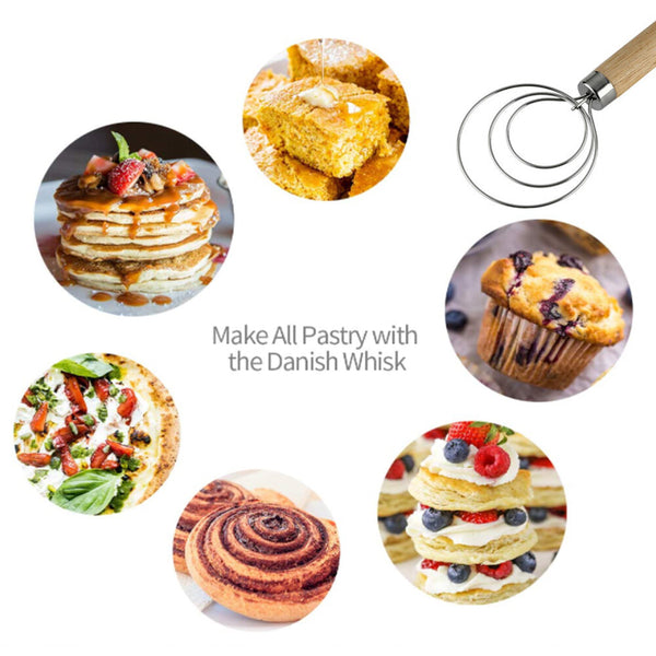 4pcs Stainless Steel Danish Dough Whisk | Wooden Handle Bread & Sourdough Mixer