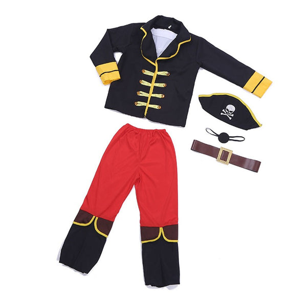 Pirate captain costume jacket, red pants, skull hat and belt flat lay