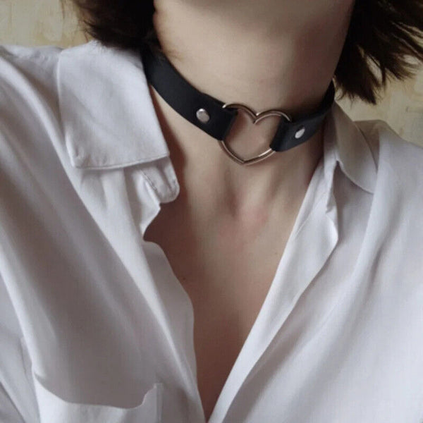 5x Punk Gothic Leather Love Heart Choker Collar Buckle Necklace Teens Stunning