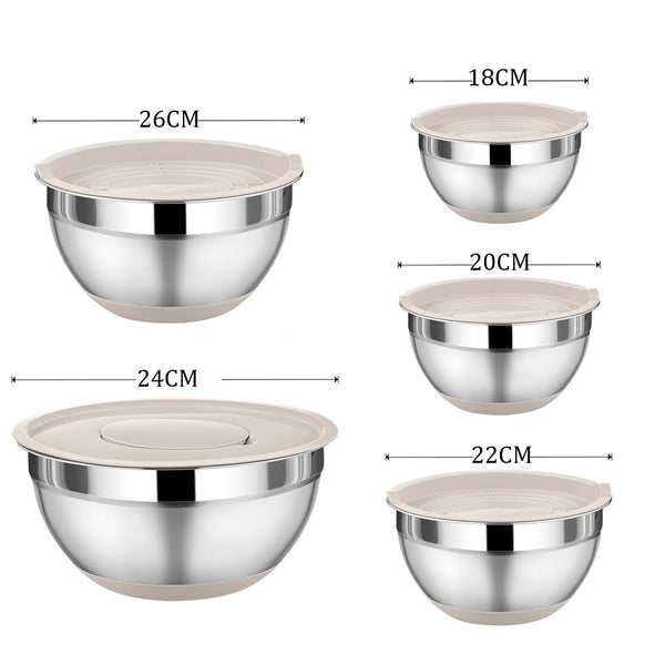 5 Piece Stainless Steel Mixing Bowl Set with Airtight Lids, Graters and Silicone Tongs – Kitchen Prep and Storage Set