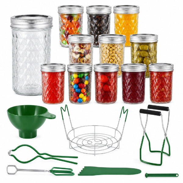 Mason Jars Canning Kit - 6x 500ml Glass Preserving Jars with Lids, Funnel, Rack & Tongs