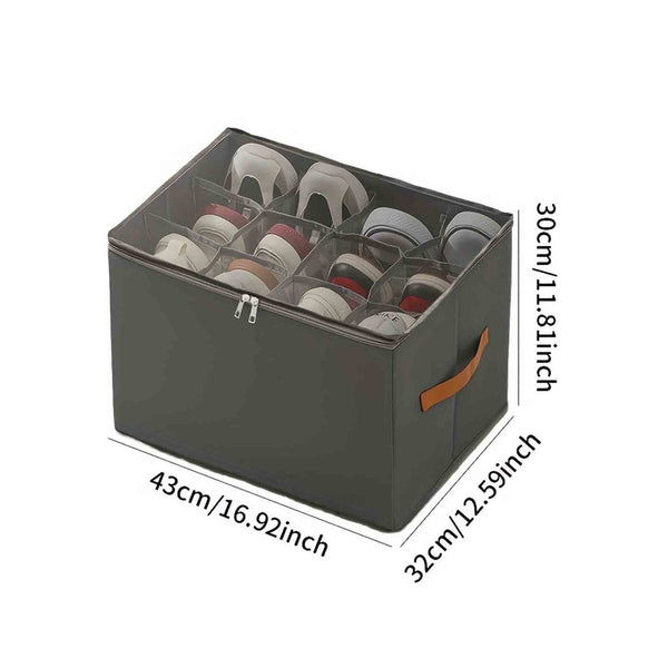 Foldable Fabric Shoe Storage Box with 12 Dividers | Black Closet Organizer