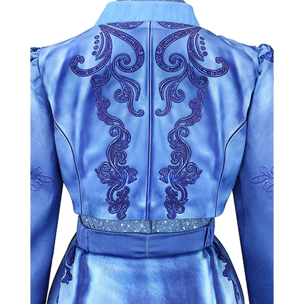 Close up of Descendants Chloe jacket back blue filigree embroidery