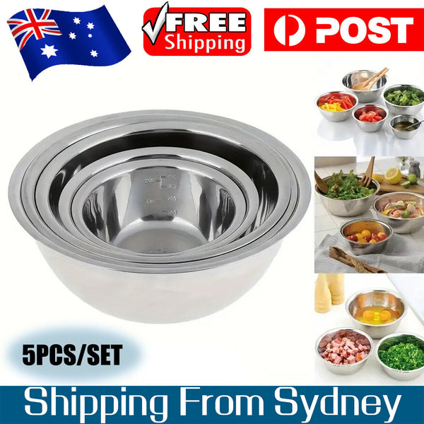 5PCS Stainless Steel Bowl Polished Round Mixing Bowl Salad Baking Basin Silvery