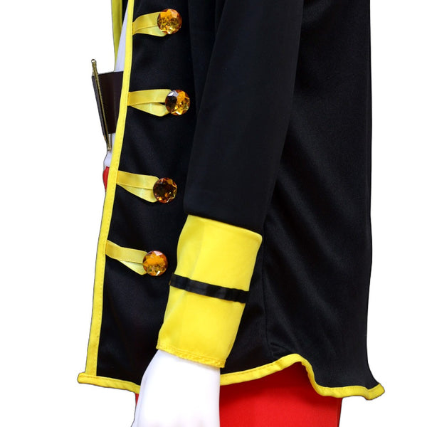 Close-up of the gold trim and frog buttons on the pirate captain jacket